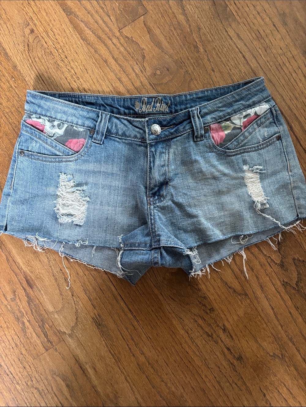 Red Rivet Light Blue Distressed Denim Shorts with Pink Floral Pocket Lining